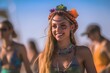 Cool skinny stylish hippie girl wearing a flower wreath enjoy Festival. generative AI
