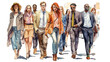 © Cheport - Group of fashionable people on the move. Beautiful illustration generated by Ai, is not based on any specific real image or characters
