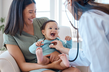 mother, baby and stethoscope of pediatrician for healthcare consulting, check lungs and breathing fo