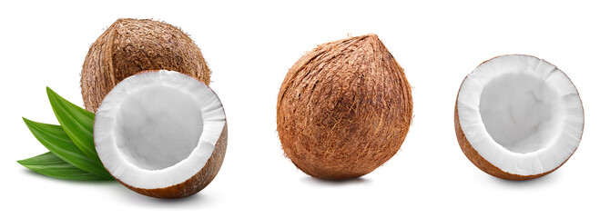 fresh coconut with leaves isolated on white background, coconut on white background with clipping pa