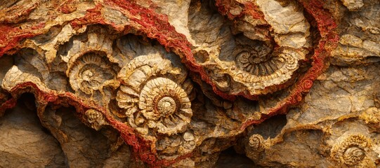 Canvas Print - Fossilized ammonite sea shell spirals embedded into rustic brown red desert sandstone rock. Ancient prehistoric layered and ridged stone texture with detailed surface patterns - generative ai