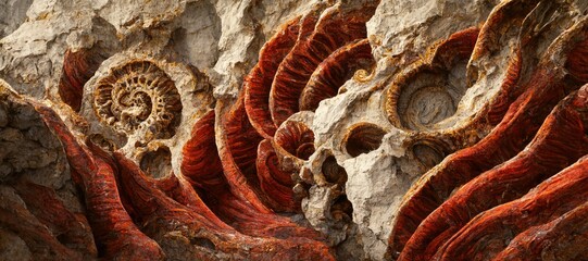 Poster - Fossilized ammonite sea shell spirals embedded into rustic brown red desert sandstone rock. Ancient prehistoric layered and ridged stone texture with detailed surface patterns - generative ai