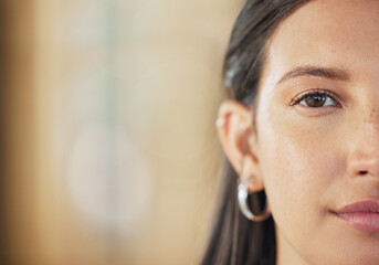 Half face, mockup and portrait of a woman with clean, glow and healthy skin in a studio. Beauty, natural and closeup zoom of female model by background with mock up space for advertising or marketing