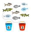 Counting educational children game, math kids activity sheet. Put the fish in buckets.
