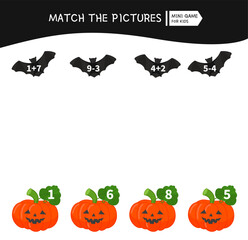 Wall Mural - Counting educational children game, math kids activity sheet. Match Halloween pumpkins and bats.
