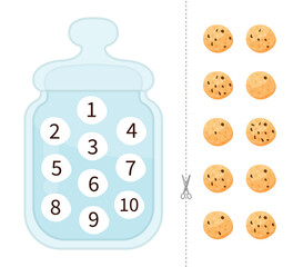 Poster - Counting educational children game, math kids activity sheet. Put the cookies in the jar in the right place.
