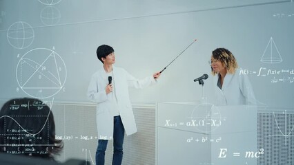 Poster - Mixed media of multinational people giving science class. Science education concept.