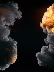 Aufkleber - Detonation with dark smoke on a black background. Abstract hot explosion. 3d rendering background. Digital illustration