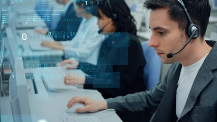 Poster - Mixed media of multi national operator working in call center and digital technology concept. Worldwide business. Telemarketing.