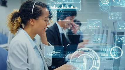 Poster - Mixed media of multi national operator working in call center and digital technology concept. Worldwide business. Telemarketing.