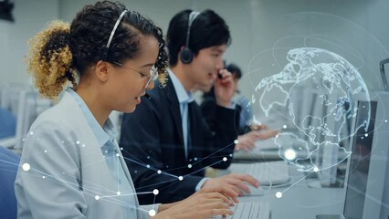 Poster - Mixed media of multi national operator working in call center and global communication network concept. Worldwide business. Telemarketing.