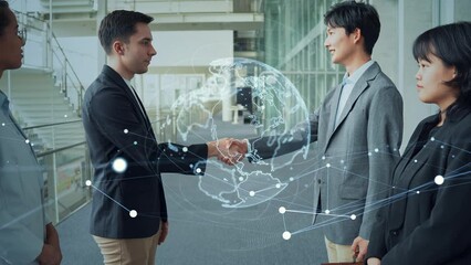 Poster - Mixed media of group of multinational businesspeople meeting in lobby and global communication network concept. Worldwide marketing.