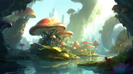 magical mushroom house near the water lake ai image generated