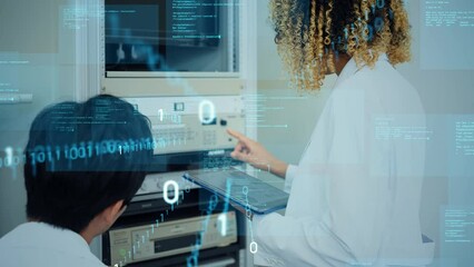Poster - Mixed media of female engineer managing server rack. Digital transformation.