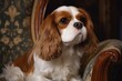 © Iftikhar alam - Cavalier king charles spaniel sitting on a vintage armchair. Ai generated