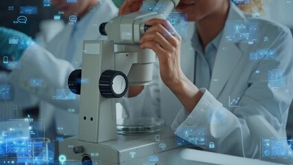 Aufkleber - Mixed media of group of multinational researchers experimenting in laboratory and digital data concept. Research and development concept.