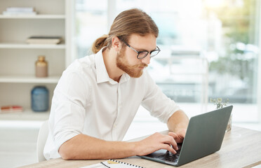Poster - Typing, computer and business man in office for copywriting, company newsletter and research article or blog. Focus, working and social media writer, editor or person at startup, online and laptop