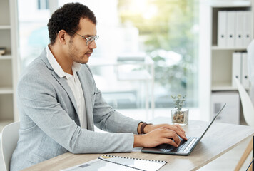 Aufkleber - Laptop, typing and business man planning, copywriting and article, newsletter or blog research for online career or company. Editor, web writer or professional person working or editing on computer