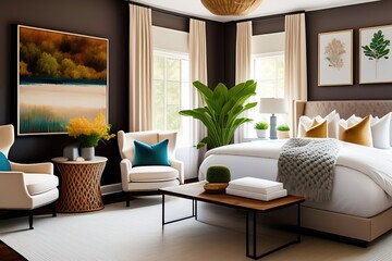 Poster - Interior of a cozy modern bedroom in light brown and beige tones. AI generated.
