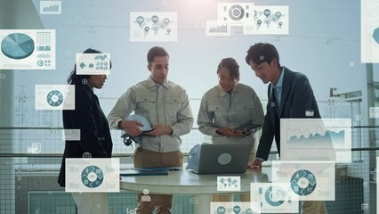 Poster - Mixed media of group of multinational businesspeople and engineers meeting in office building and digital documents concept. Worldwide business.