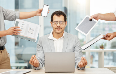 Aufkleber - Calm, multitask and meditation of business man on laptop, documents and phone call or tech in office. Mental health, time management and wellness of professional manager, computer and people hands