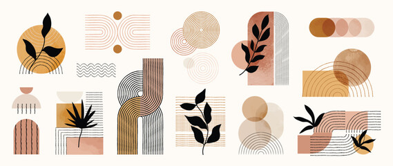 Wall Mural - Hand drawn abstract minimal element mid century vector set. Aesthetic contemporary stripe line art, watercolor geometric shapes, leaf in earth tone. Design for wall art, decoration, wallpaper.