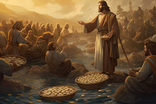Jesus feeding the five thousand with bread and fish Bible story, generated ai