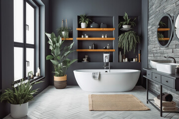 Wall Mural - Dark grey bathroom with white tub. Dark tile modern bathroom. Modern dark clean bathroom. Generative AI