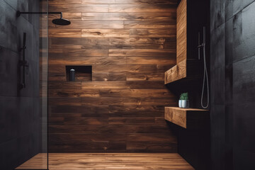 Wall Mural - Dark grey shower interior. Wood and dark tile modern bathroom. Modern dark clean bathroom. Generative AI