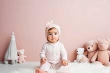 Adorable baby white outfit in nursery. Pastel pink background baby portrait. Generative AI