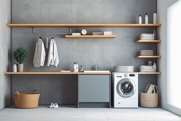 Grey laundry room sink washing machine. Minimalistic design interior of modern house. Generative AI