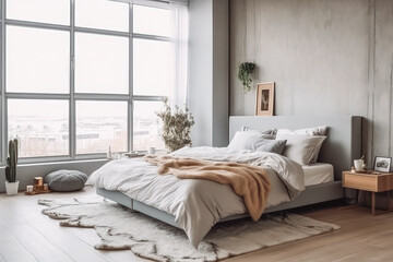 Wall Mural - Cozy bedroom with comfortable bed in modern studio apartment 3d render. Wooden floors and white walls big bedroom with window. Generative AI