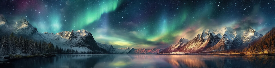 panorama with northern lights in night starry sky against background of mountains and lakes. generat