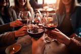 Fototapeta Londyn - Socializing Over Wine Friends Enjoying Each Others Company Closeup. Generative AI