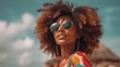 © Carlos - woman with curly afro hair smiling looking at camera, at the beach, summertime. Generative Ai image