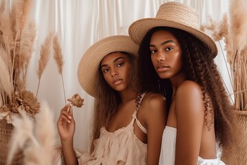 Two beautiful African women sitting next to each other, wearing hat, in stylish boho interior. Summer fashion conception. Created with Generative Ai Technology.