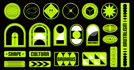 Stickers Futuristic geometric shapes neon color brutalist design. Vector labels set