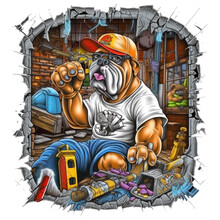 Plumber English Bulldog T-shirt Design, A Bulldog Plumber With A Hard Hat And Safety Glasses, Holding A Hammer And A Chisel, Carving A Sculpture Of A Faucet Out Of A Piece Of Marble, Generative Ai