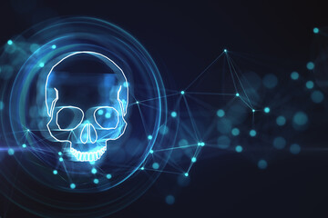 Poster - Blue glowing skull digital illustration, dark screen texture background, hacking attack and ransomware concept. 3D Rendering