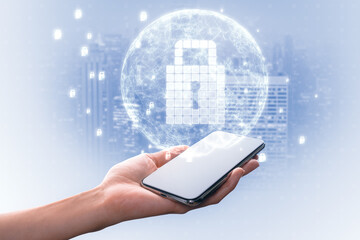 Poster - Close up of female hand holding white cellphone with glowing globe with white safety padlock on light background. Global digital security and protection concept.