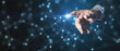 © Who is Danny - Close up of businessman hand pointing at creative glowing blurry plexus on dark background. Digital communication and network concept.