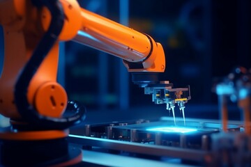 Fototapete - Robotic arm for electronic assembly line. Smart modern factory automation using advanced machines. Generative AI