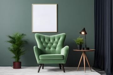 Wall Mural - Vertical frame mock up in modern interior with green armchair and plant. Scandinavian style - Generative AI