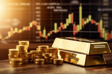 Poster - Investment gold and coins in the stock market. Shares graph representing investment - Generative AI