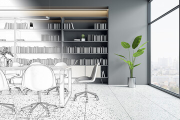 Poster - Realized from sketch modern conference room interior design with city view background from big window, meeting table draft on light concrete floor and grey background with dark bookshelf. 3D rendering