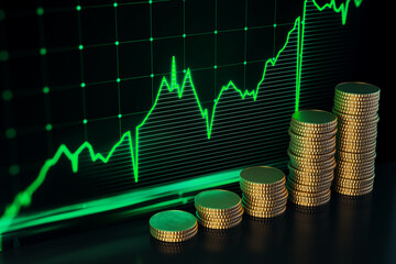 Poster - Stacked golden coins with growing green forex chart on dark wallpaper. Stock market and trade concept. 3D Rendering.