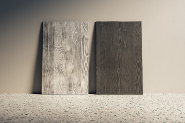 Poster - Empty wooden panels leaning on concrete wall. Design and mock up template. 3D Rendering.