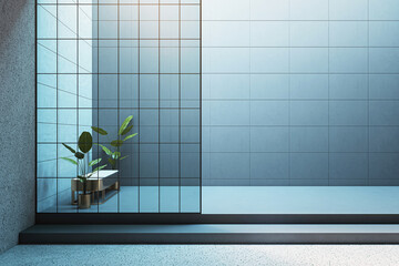 Aufkleber - Front view on blank checkered blue glossy wall background with place for advertising poster or logo in abstract outdoor hall with bench between flowers behind glass partition. 3D rendering, mockup