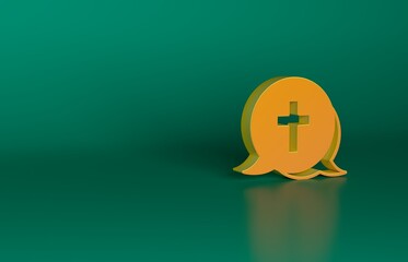 Poster - Orange Christian cross icon isolated on green background. Church cross. Minimalism concept. 3D render illustration