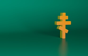 Poster - Orange Christian cross icon isolated on green background. Church cross. Minimalism concept. 3D render illustration